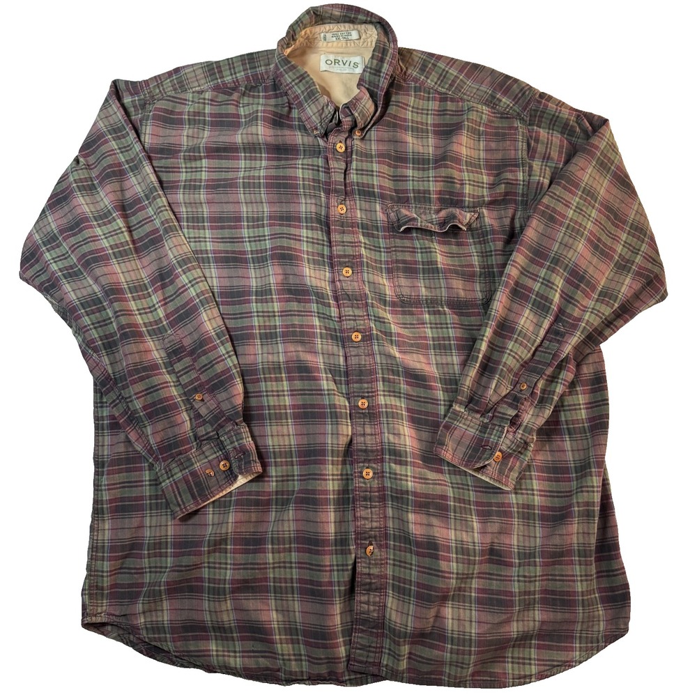 Orvis Button Down Shirt Gorpcore Mens 2XLT Plaid Twill Long Sleeve Outdoors